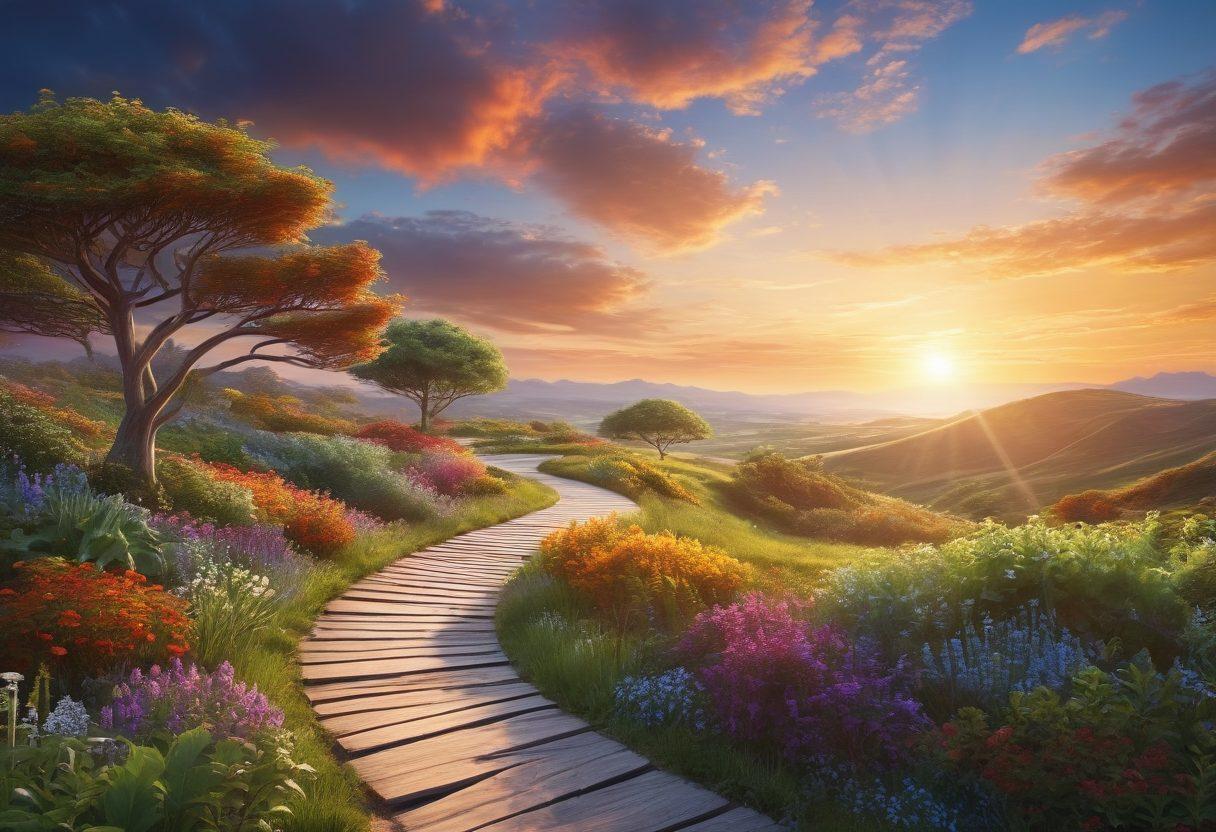 A serene landscape featuring a winding path symbolizing a journey, with diverse individuals engaging in advocacy and education, surrounded by elements representing wellness like healthy plants and exercise. The sky should be vibrant with a sunrise to symbolize new beginnings. The image should evoke a sense of empowerment and community support. super-realistic. vibrant colors. 3D.