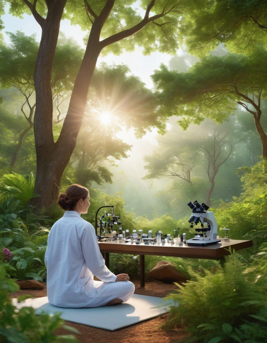 A serene landscape showcasing a harmonious blend of a modern research lab and a peaceful holistic healing center. On one side, scientists in lab coats analyze tumor cells under microscopes, while on the other, individuals practice yoga and meditation surrounded by lush greenery. Include symbols of healing like crystals and essential oils, with soft sunlight filtering through trees. The scene conveys hope, healing, and innovation. super-realistic. vibrant colors. peaceful atmosphere.